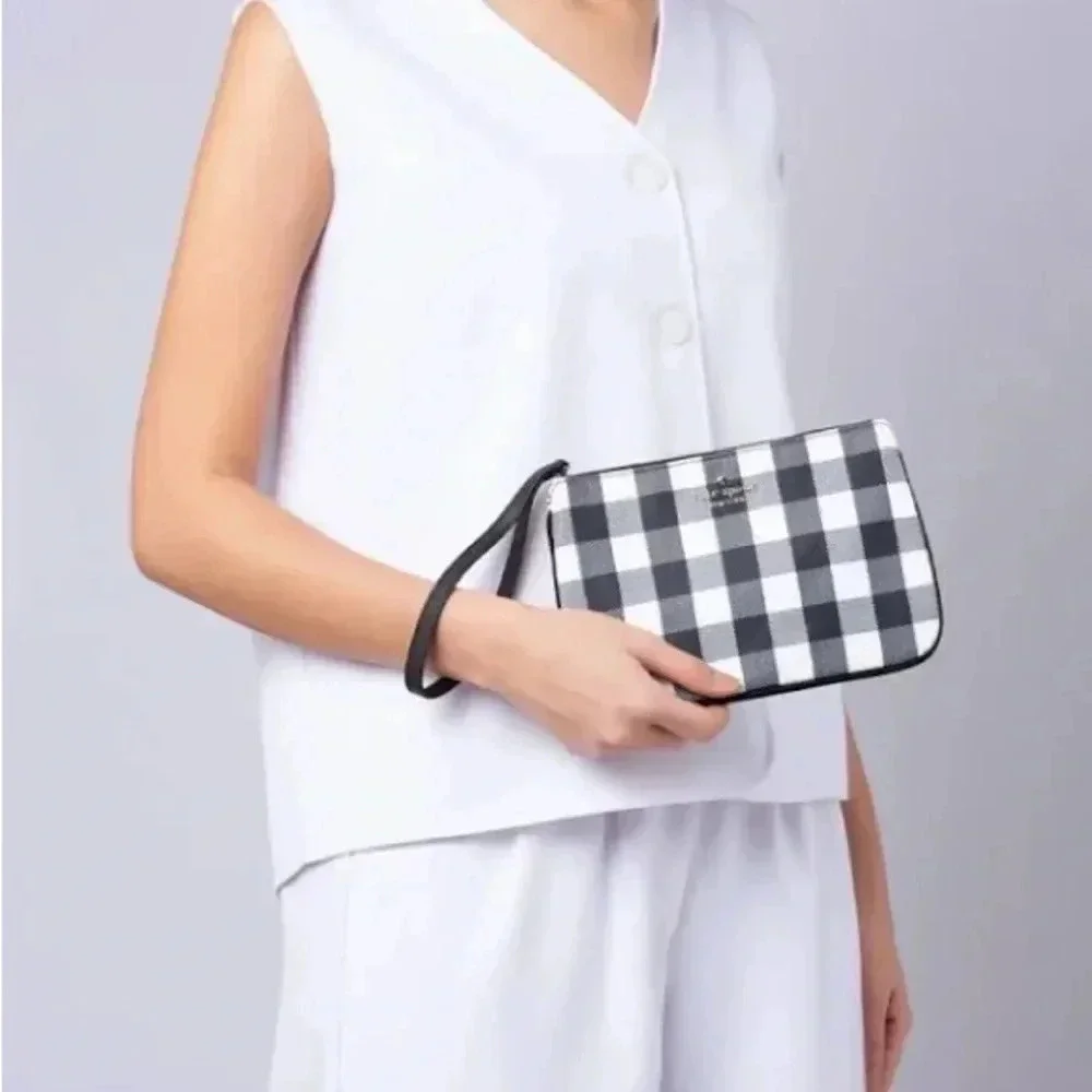 Kate Spade Chelsea Textured Gingham Printed Medium Nylon Zip Wristlet Wallet‎